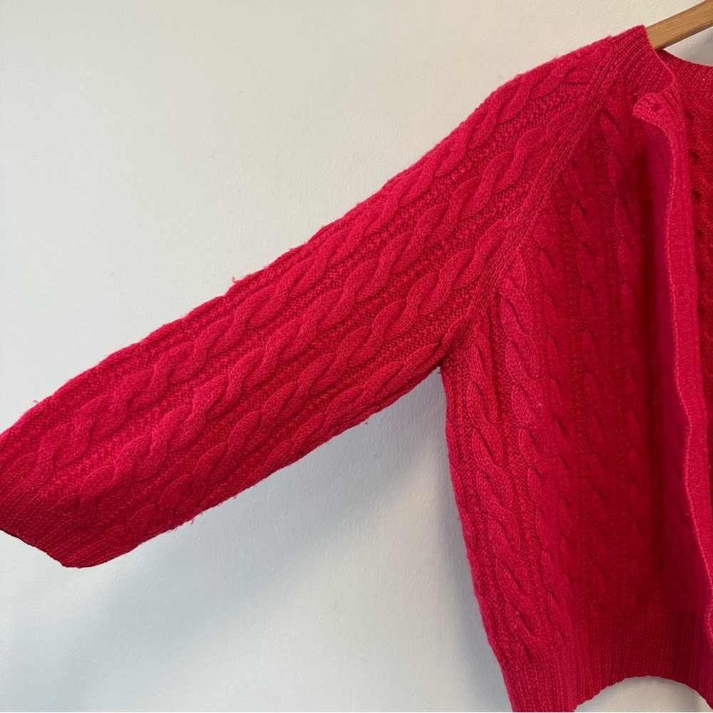 Vtg 1960s Wool Women's Watermelon Red Cable Knit Cropped Cardigan Sweater - Picture 2 of 6